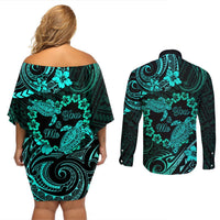 Polynesian Turtle Valentine Couples Matching Off Shoulder Short Dress and Long Sleeve Button Shirt You And Me Turquoise Hibiscus Heart LT01 - Polynesian Pride