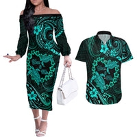 Polynesian Turtle Valentine Couples Matching Off The Shoulder Long Sleeve Dress and Hawaiian Shirt You And Me Turquoise Hibiscus Heart LT01 Turquoise - Polynesian Pride