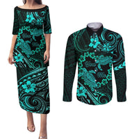 Polynesian Turtle Valentine Couples Matching Puletasi and Long Sleeve Button Shirt You And Me Turquoise Hibiscus Heart LT01 Turquoise - Polynesian Pride