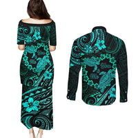 Polynesian Turtle Valentine Couples Matching Puletasi and Long Sleeve Button Shirt You And Me Turquoise Hibiscus Heart LT01 - Polynesian Pride
