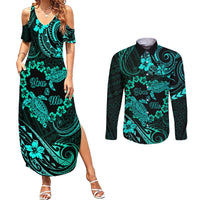 Polynesian Turtle Valentine Couples Matching Summer Maxi Dress and Long Sleeve Button Shirt You And Me Turquoise Hibiscus Heart LT01 Turquoise - Polynesian Pride
