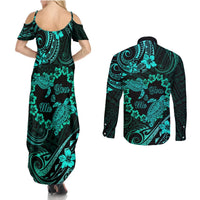 Polynesian Turtle Valentine Couples Matching Summer Maxi Dress and Long Sleeve Button Shirt You And Me Turquoise Hibiscus Heart LT01 - Polynesian Pride