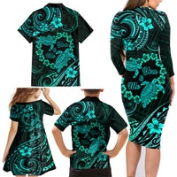 Polynesian Turtle Valentine Family Matching Long Sleeve Bodycon Dress and Hawaiian Shirt You And Me Turquoise Hibiscus Heart LT01 - Polynesian Pride