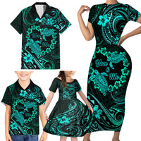 Polynesian Turtle Valentine Family Matching Short Sleeve Bodycon Dress and Hawaiian Shirt You And Me Turquoise Hibiscus Heart LT01 - Polynesian Pride