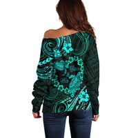Polynesian Turtle Valentine Off Shoulder Sweater You And Me Turquoise Hibiscus Heart LT01 - Polynesian Pride