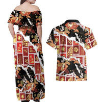 Hawaii Japanese Culture Black Couples Matching Off Shoulder Maxi Dress and Hawaiian Shirt Spring Cranes Aloha Pattern
