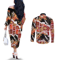 Hawaii Japanese Culture Black Couples Matching Off The Shoulder Long Sleeve Dress and Long Sleeve Button Shirt Spring Cranes Aloha Pattern
