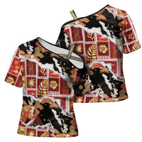 Hawaii Japanese Culture Black Cross Shoulder Shirt Spring Cranes Aloha Pattern