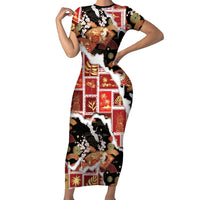 Hawaii Japanese Culture Black Family Matching Short Sleeve Bodycon Dress and Hawaiian Shirt Spring Cranes Aloha Pattern LT01 Mom's Dress Black - Polynesian Pride