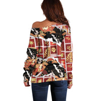 Hawaii Japanese Culture Black Off Shoulder Sweater Spring Cranes Aloha Pattern