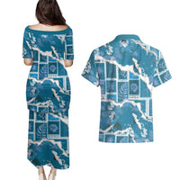 Hawaii Japanese Culture Blue Couples Matching Puletasi and Hawaiian Shirt Spring Cranes Aloha Pattern