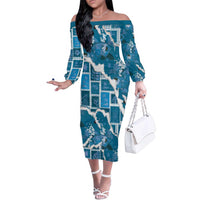 Hawaii Japanese Culture Blue Family Matching Off The Shoulder Long Sleeve Dress and Hawaiian Shirt Spring Cranes Aloha Pattern LT01 Mom's Dress Blue - Polynesian Pride