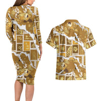 Hawaii Japanese Culture Gold Couples Matching Long Sleeve Bodycon Dress and Hawaiian Shirt Spring Cranes Aloha Pattern