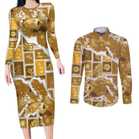 Hawaii Japanese Culture Gold Couples Matching Long Sleeve Bodycon Dress and Long Sleeve Button Shirt Spring Cranes Aloha Pattern