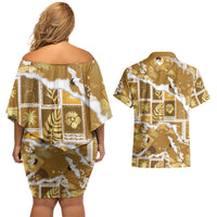 Hawaii Japanese Culture Gold Couples Matching Off Shoulder Short Dress and Hawaiian Shirt Spring Cranes Aloha Pattern LT01 - Polynesian Pride