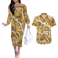 Hawaii Japanese Culture Gold Couples Matching Off The Shoulder Long Sleeve Dress and Hawaiian Shirt Spring Cranes Aloha Pattern