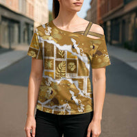 Hawaii Japanese Culture Gold Cross Shoulder Shirt Spring Cranes Aloha Pattern