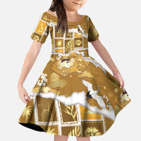 Hawaii Japanese Culture Gold Family Matching Off Shoulder Short Dress and Hawaiian Shirt Spring Cranes Aloha Pattern LT01 Daughter's Dress Gold - Polynesian Pride