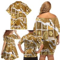 Hawaii Japanese Culture Gold Family Matching Off Shoulder Short Dress and Hawaiian Shirt Spring Cranes Aloha Pattern LT01 - Polynesian Pride