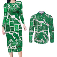 Hawaii Japanese Culture Green Couples Matching Long Sleeve Bodycon Dress and Long Sleeve Button Shirt Spring Cranes Aloha Pattern