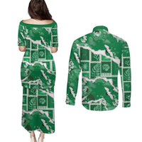 Hawaii Japanese Culture Green Couples Matching Puletasi and Long Sleeve Button Shirt Spring Cranes Aloha Pattern
