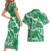 Hawaii Japanese Culture Green Couples Matching Short Sleeve Bodycon Dress and Hawaiian Shirt Spring Cranes Aloha Pattern