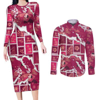 Hawaii Japanese Culture Pink Couples Matching Long Sleeve Bodycon Dress and Long Sleeve Button Shirt Spring Cranes Aloha Pattern