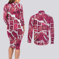 Hawaii Japanese Culture Pink Couples Matching Long Sleeve Bodycon Dress and Long Sleeve Button Shirt Spring Cranes Aloha Pattern