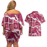 Hawaii Japanese Culture Pink Couples Matching Off Shoulder Short Dress and Hawaiian Shirt Spring Cranes Aloha Pattern