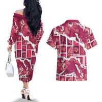 Hawaii Japanese Culture Pink Couples Matching Off The Shoulder Long Sleeve Dress and Hawaiian Shirt Spring Cranes Aloha Pattern