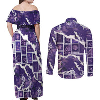 Hawaii Japanese Culture Purple Couples Matching Off Shoulder Maxi Dress and Long Sleeve Button Shirt Spring Cranes Aloha Pattern