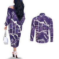 Hawaii Japanese Culture Purple Couples Matching Off The Shoulder Long Sleeve Dress and Long Sleeve Button Shirt Spring Cranes Aloha Pattern