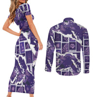 Hawaii Japanese Culture Purple Couples Matching Short Sleeve Bodycon Dress and Long Sleeve Button Shirt Spring Cranes Aloha Pattern
