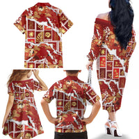 Hawaii Japanese Culture Red Family Matching Off The Shoulder Long Sleeve Dress and Hawaiian Shirt Spring Cranes Aloha Pattern LT01 - Polynesian Pride