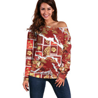 Hawaii Japanese Culture Red Off Shoulder Sweater Spring Cranes Aloha Pattern