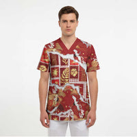 Hawaii Japanese Culture Red Scrub Top Spring Cranes Aloha Pattern