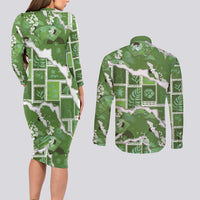 Hawaii Japanese Culture Sage Green Couples Matching Long Sleeve Bodycon Dress and Long Sleeve Button Shirt Spring Cranes Aloha Pattern