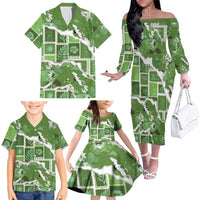 Hawaii Japanese Culture Sage Green Family Matching Off The Shoulder Long Sleeve Dress and Hawaiian Shirt Spring Cranes Aloha Pattern LT01 - Polynesian Pride