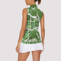 Hawaii Japanese Culture Sage Green Women Sleeveless Polo Shirt Spring Cranes Aloha Pattern