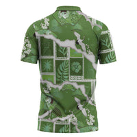 Hawaii Japanese Culture Sage Green Zipper Polo Shirt Spring Cranes Aloha Pattern