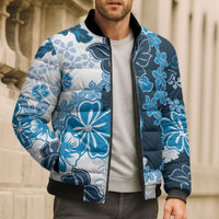 Blue Hibiscus Plumeria Floral Bomber Puffer Jacket - Polynesian Pride