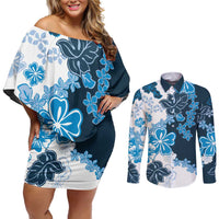 Blue Hibiscus Plumeria Floral Couples Matching Off Shoulder Short Dress and Long Sleeve Button Shirt - Polynesian Pride