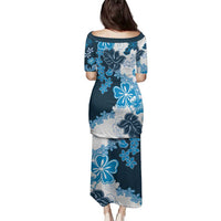 Blue Hibiscus Plumeria Floral Family Matching Puletasi and Hawaiian Shirt - Polynesian Pride