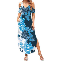 Blue Hibiscus Plumeria Floral Family Matching Summer Maxi Dress and Hawaiian Shirt - Polynesian Pride