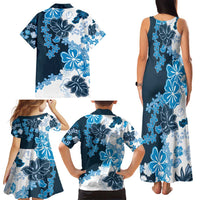Blue Hibiscus Plumeria Floral Family Matching Tank Maxi Dress and Hawaiian Shirt - Polynesian Pride