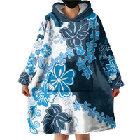 Blue Hibiscus Plumeria Floral Wearable Blanket Hoodie - Polynesian Pride