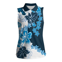 Blue Hibiscus Plumeria Floral Women Sleeveless Polo Shirt - Polynesian Pride