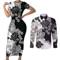 Gray Scale Hibiscus Plumeria Floral Couples Matching Short Sleeve Bodycon Dress and Long Sleeve Button Shirt - Polynesian Pride