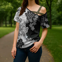 Gray Scale Hibiscus Plumeria Floral Cross Shoulder Shirt - Polynesian Pride