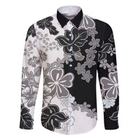 Gray Scale Hibiscus Plumeria Floral Family Matching Long Sleeve Bodycon Dress and Hawaiian Shirt LT01 Dad's Shirt - Long Sleeve Black - Polynesian Pride